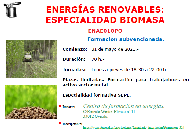 senfoastur's tweet photo. Nueva acción formativa GRATUITA #EnergiasRenovables #Biomasa #ENAE010PO. Dirigido preferentemente a trabajadores en activo del sector metal. Duración 70 horas. Inicio 31/05/21. Tardes de 18,30 a 22,00. Presencial. Especialidad SEPE https://t.co/SVb6M7RmNG https://t.co/JFupf6JzC7