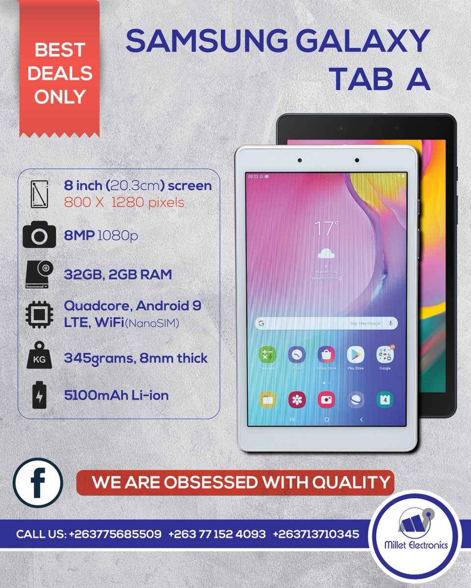 Get your Samsung Galaxy Tab A (8 INCH) from us from as little as $190USD. WhatsApp: +263713170345, +263771524093 or +263775685509 #MilletZim #ObsessedWithQuality