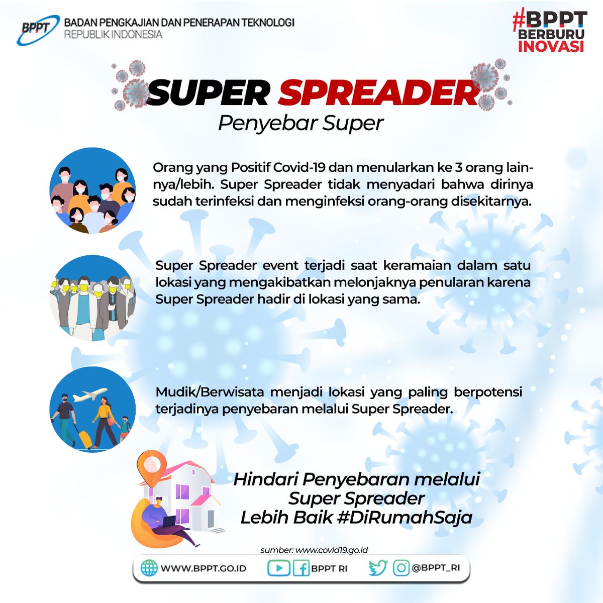 BPPT_RI's tweet photo. Teknopren! Usai libur hari raya idul fitri tetap waspada dan jaga kesehatan yaa. Waspada dengan adanya Penyebar Super (Super Spreader) #COVID19 di sekitar kita. Teknopren sudah tau tentang Super Spreader? Simak infografis ini yaa!

#BPPTSolidSmartSpeed
#BPPTJagoanInovasi https://t.co/CkjUqj7DJW