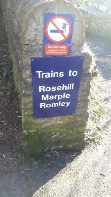 icrossfield's tweet photo. @northernassist this sign has gone up at Woodley Station. It should read "Trains to Rose Hill Marple and Romiley" https://t.co/hw8e99FpNk