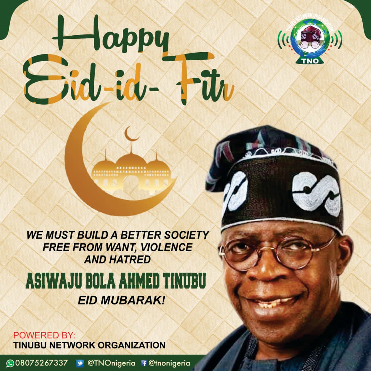 NextLevelAmbas1's tweet photo. We Must Build A Better Society Free From Want, Violence And Hatred  — @AsiwajuTinubu As He Sends Eid-el-Fitri Message To Nigerians. @TNOnigeria 

https://t.co/UvAnXSUbs6 https://t.co/Hz1kKAMZLZ
