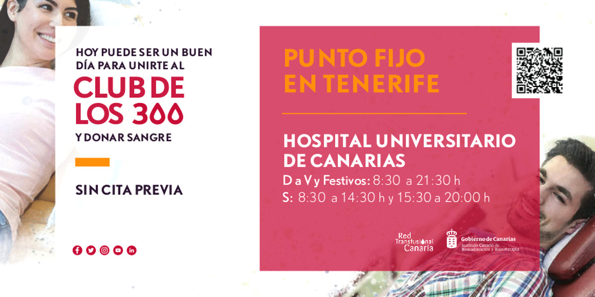 Si estás en #Tenerife este fin de semana tenemos que pedirte que dejes salir tu lado más solidario #ÚnetealClubdelos300

🏥 Sigue la línea de la vida y #DonaSangre sin cita previa en el Hospital Universitario de Canarias #HUC 

🅿️ Aparca en el Parking La Multa por 1€/24h