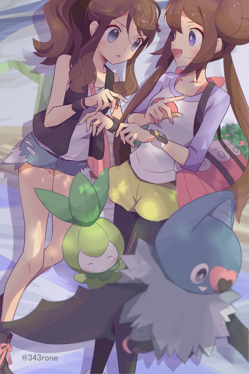 hilda (pokemon) ,rosa (pokemon) 2girls multiple girls shorts pokemon (creature) brown hair yellow shorts pantyhose  illustration images