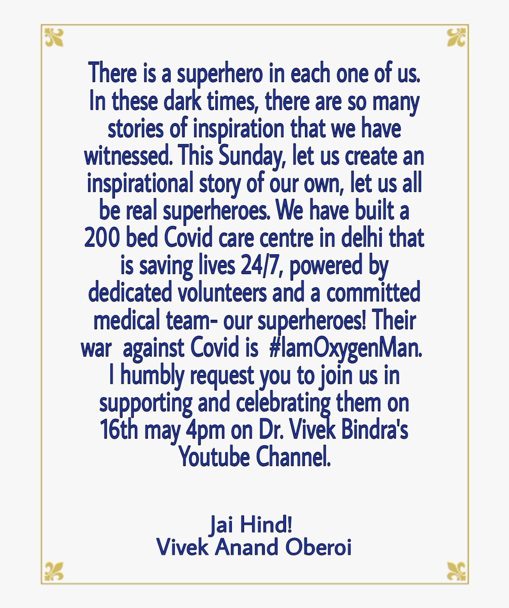 vivekoberoi's tweet image. #IamOxygenMan an event to come together in full support for the people in need. 
See you all tomorrow. 
Details given in the video. 👇🏻
youtube.com/watch?v=OmmChl…
@DrVivekBindra @BadaBusinessOff @Kailashkher @KKherFoundation