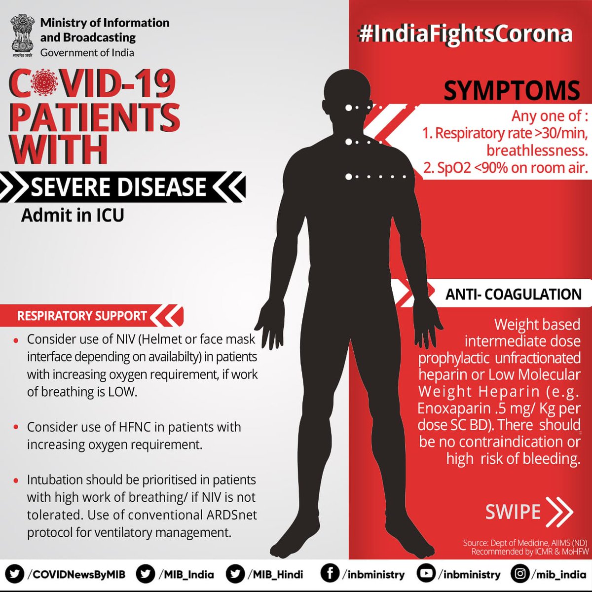 PIB_India's tweet image. #COVID19 patients with severe disease:

✅Symptoms include breathlessness and oxygen saturation less than 90%

✅Consider the use of High Flow Nasal Cannula (HFNC) in patients with increasing oxygen requirement

#IndiaFightsCorona #StaySafe