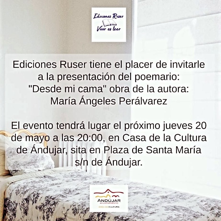 _peralvarez's tweet photo. ¡¡Os espero mañana en la presentación del poemario #DesdeMiCama a las 8 de la tarde en la Casa de la Cultura de #Andujar!! https://t.co/jZHkadiLnb