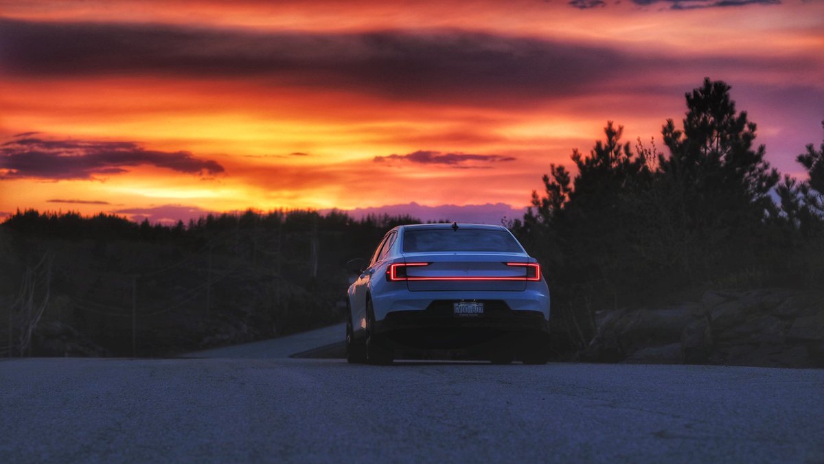 The new Polestar 2, during a particularly spectacular sunset in Sudbury, Ontario. This one's all-electric with 408 HP and AWD. 

#Polestar2 #photography