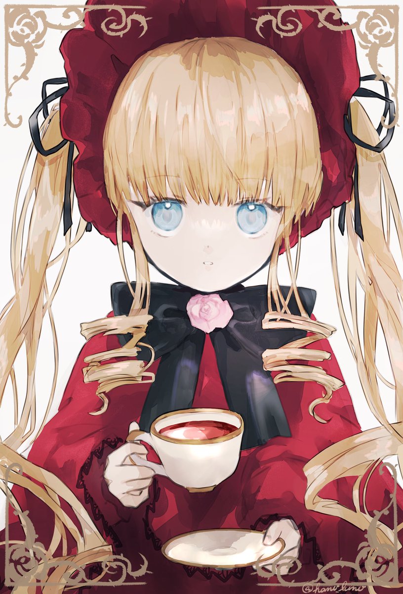 shinku 1girl solo cup blonde hair blue eyes long hair teacup  illustration images