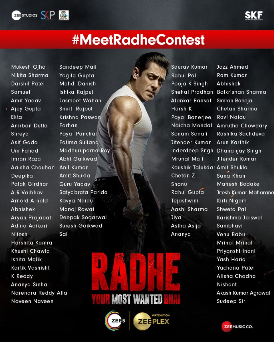 Zee5_Official's tweet photo. (1/2) 

#Day2Winners🏆
Congratulations to the 100% cashback winners of #MeetRadheContest!
Get the ZEE5 Radhe Combo Offer, between 13th May and 20th May, for a chance to win BIG.
🔴 8 lucky subscribers will E-meet @beingsalmankhan
🔴 499 subscribers will win 100% cashback, daily https://t.co/z9rjXQtbce
