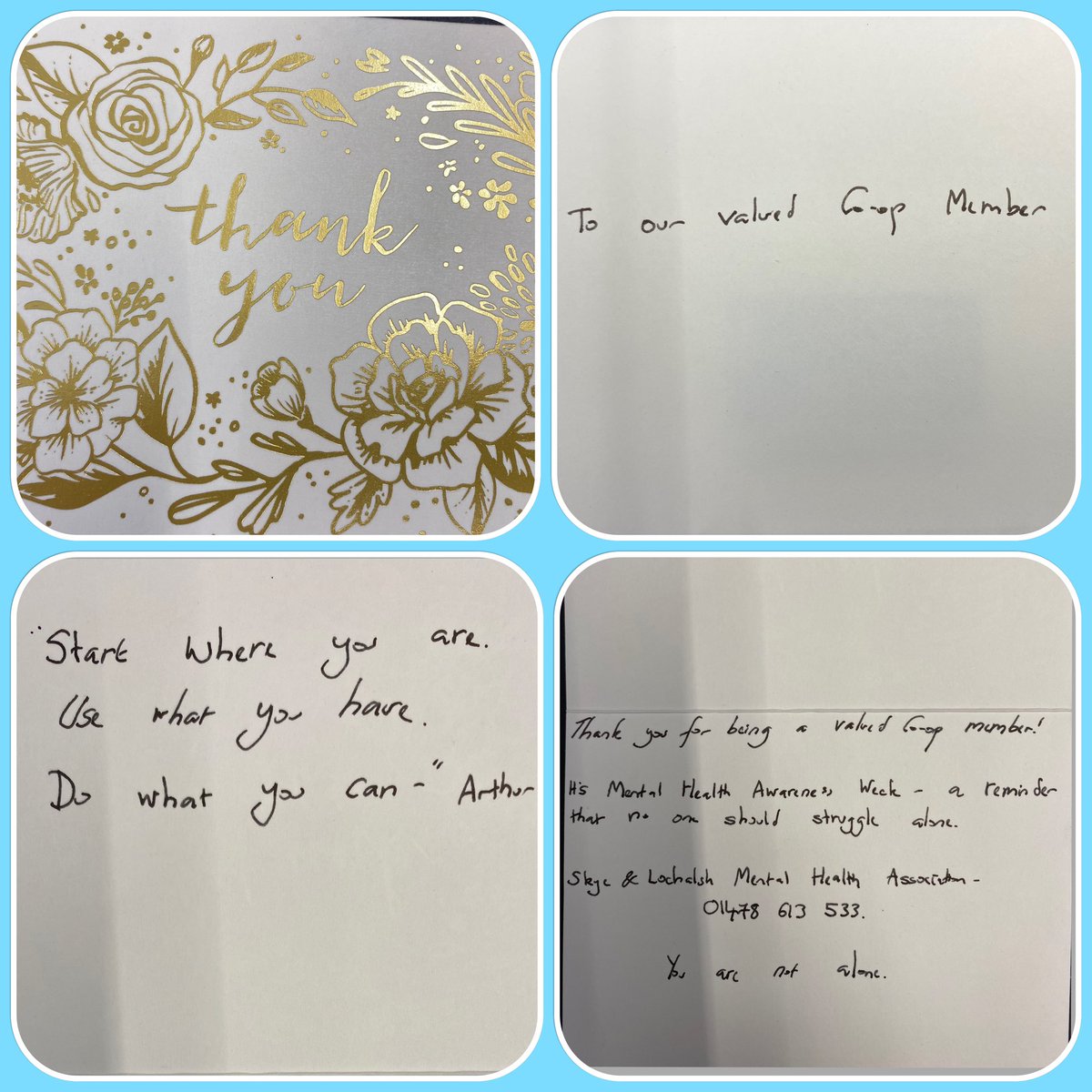 Some fun in #Portree #coop today 😂 

Also massive thanks to our member pioneer @MacaskillRoz who literally hand wrote HUNDREDS of individual cards, each with a unique and inspirational message for us to give to our customers 😀
#MHAW2021 

<a href="/DSimps0104/">Daniel Simpson</a> @NO016231986 <a href="/mccarthy_1888/">Michael McCarthy</a>
