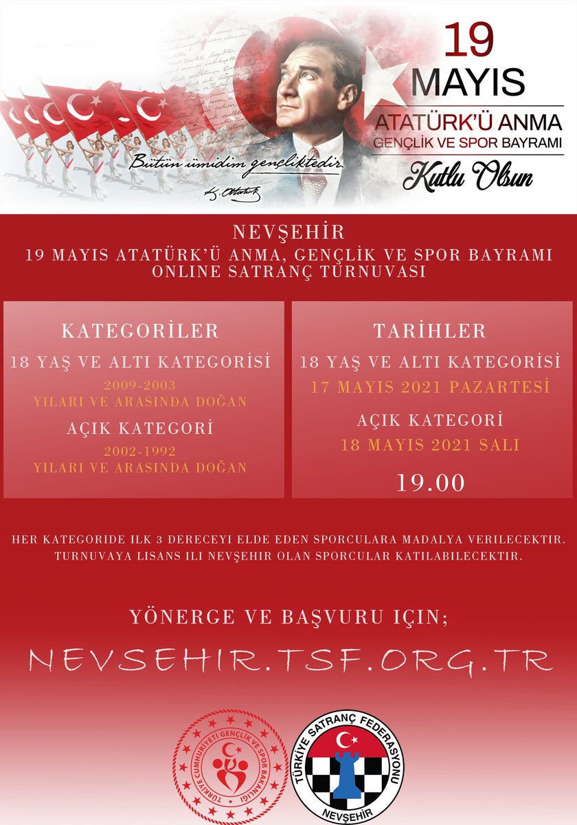 Turnuvada
18 Yaş ve Altı Kategorisi (2009-2003 doğumlu)
(Son Başvuru 16 Mayıs 23.00)
Açık Kategori (2002-1992 doğumlu) 
(Son Başvuru 17 Mayıs 23.00)
olmak üzere 2 Kategori vardır.
Yönerge ve başvuru için; nevsehir.tsf.org.tr