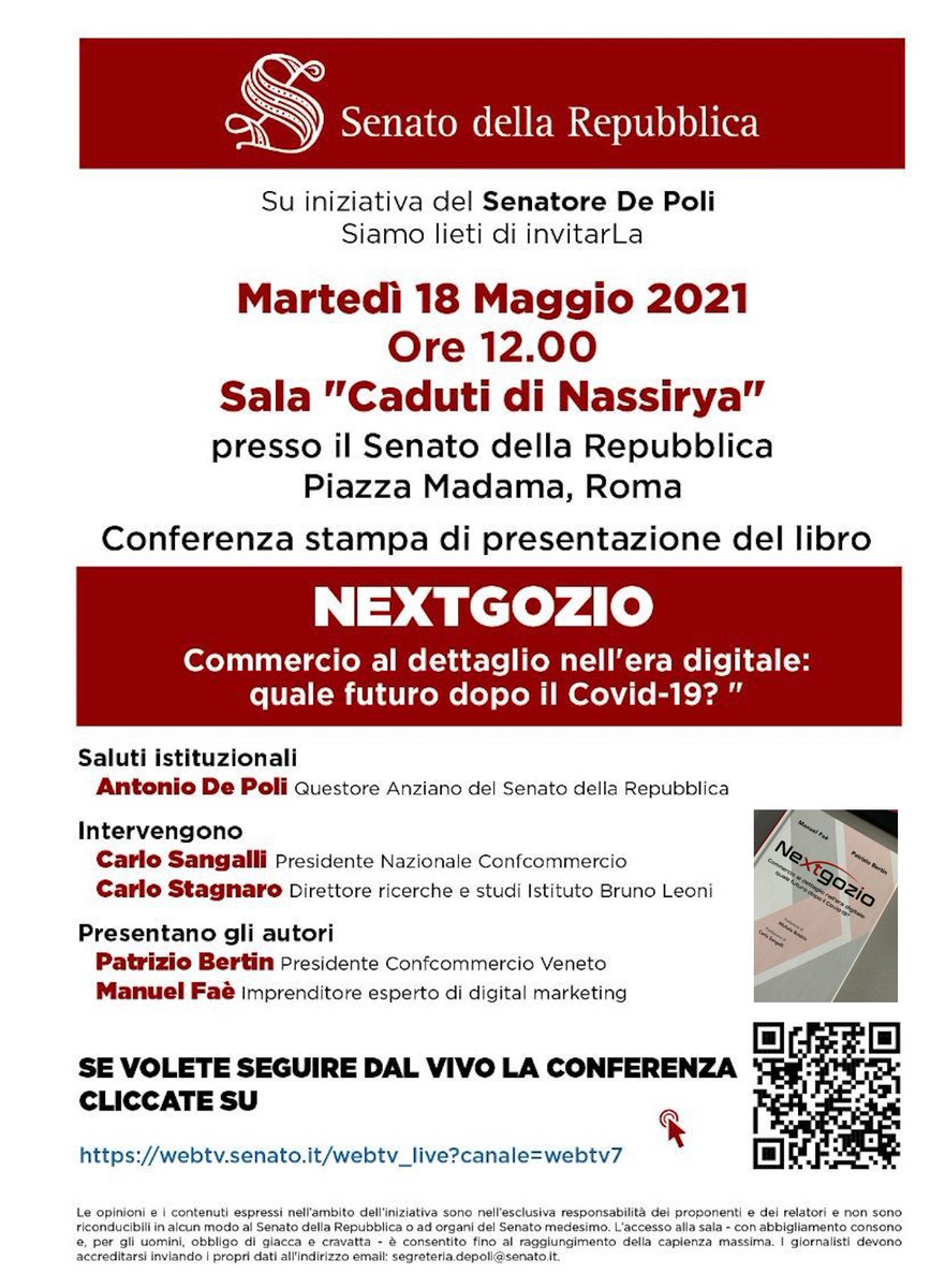 🔴LIVE Mar18mag ore 12🔴
Conferenza stampa presentazione libro #Nextgozio dal Senato in Sala Caduti di Nassirya, promossa dal Senatore <a href="/AntonioDePoli/">Antonio De Poli</a>
Intervengono:
- Carlo Sangalli
- <a href="/CarloStagnaro/">Carlo Stagnaro 🏴󠁧󠁢󠁥󠁮󠁧󠁿🇺🇦</a>
Canale ufficiale del Senato qui: webtv.senato.it/webtv_live?can…
#libri #libro