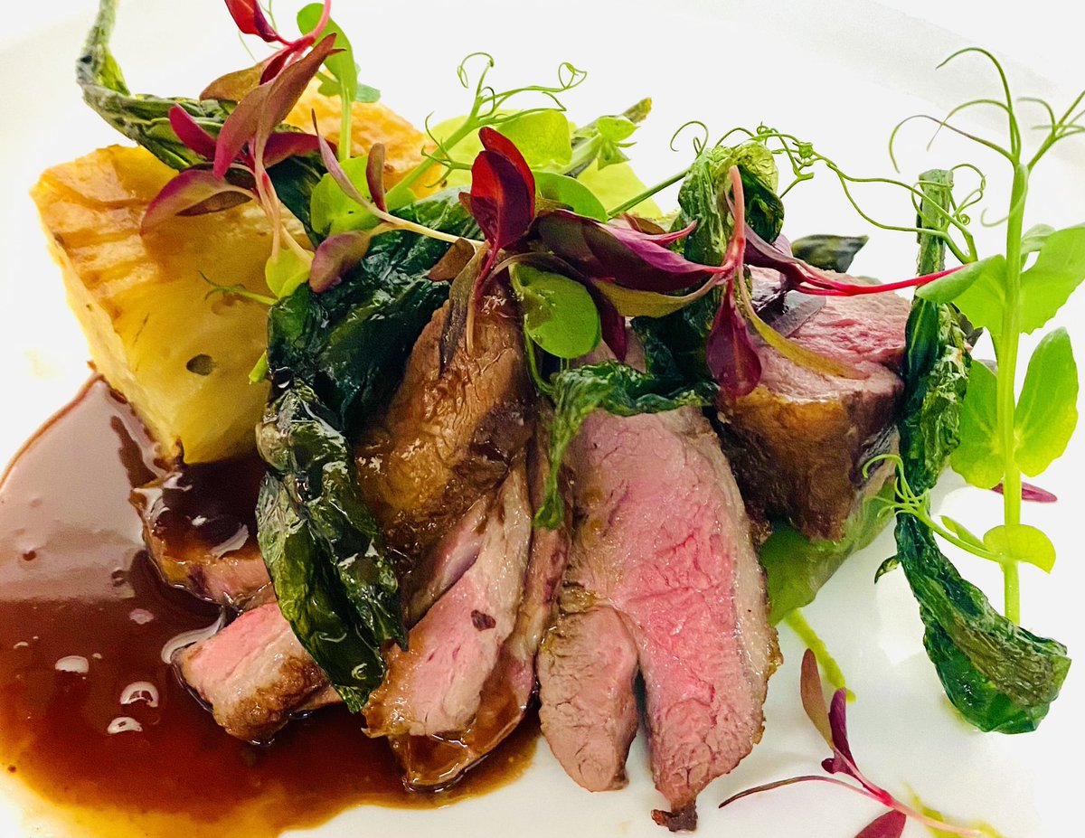 Lamb rump, potato terrine, local asparagus, wild garlic &amp; lamb jus. Very seasonal and very delicious. #seasonal #suffolkpub #pubgarden #chefslife
