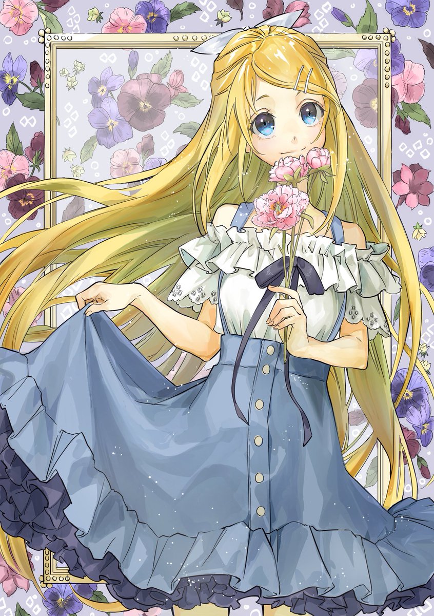 kagamine rin 1girl flower long hair solo blonde hair blue eyes holding flower  illustration images