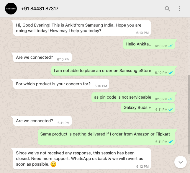 parikshitpathak's tweet photo. Is "Are we connected" in whatsapp chat, a replica of "You are not audible" in voice call, as both are used by customer care executives to avoid customer queries? Come on @SamsungIndia ...Whatsapp chat is different...you can't use same trick everywhere..!! https://t.co/o5oLusTVLo