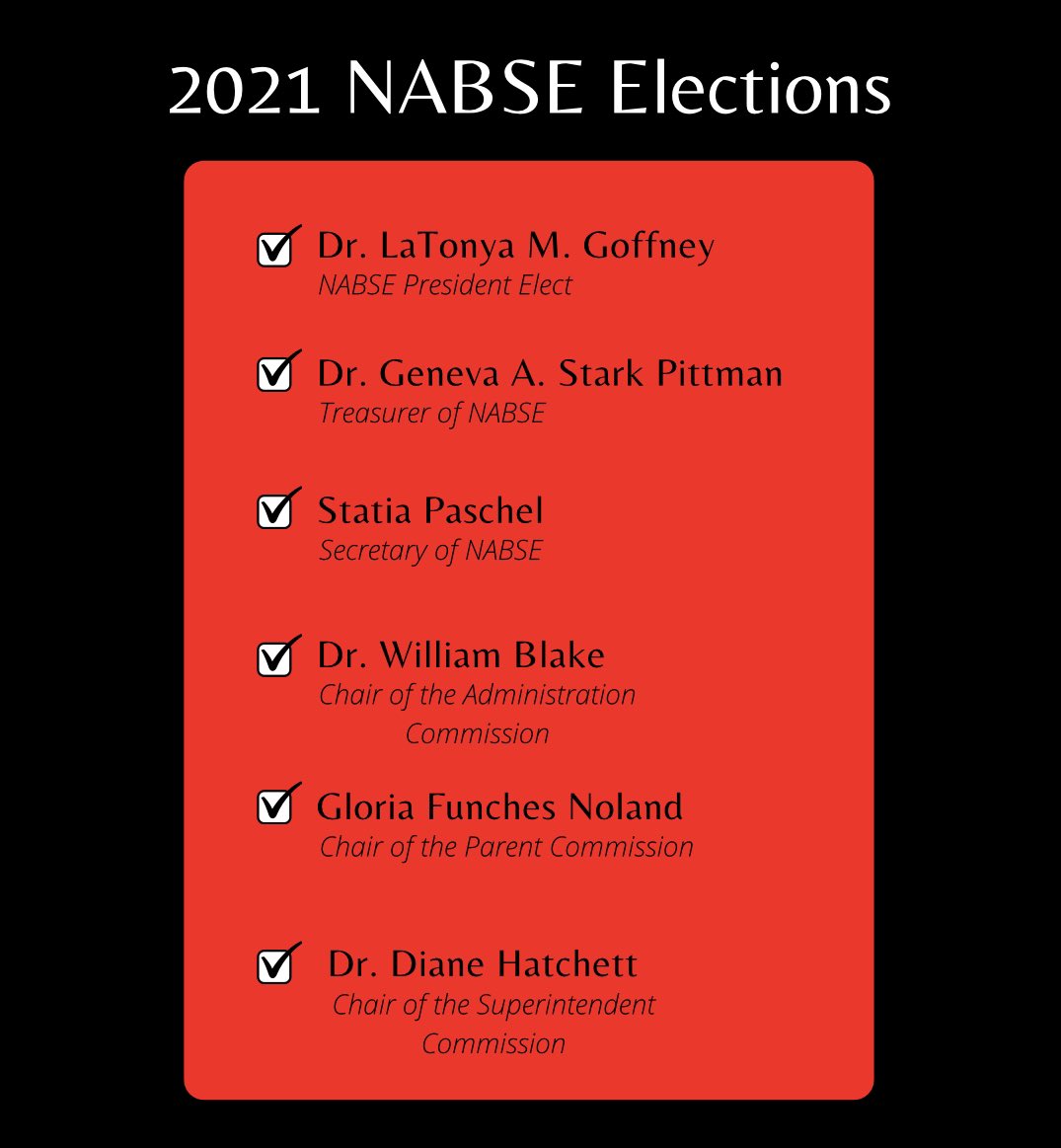 Congratulations to all of NABSE’s newly elected leaders. We look forward to the benefits of your service!