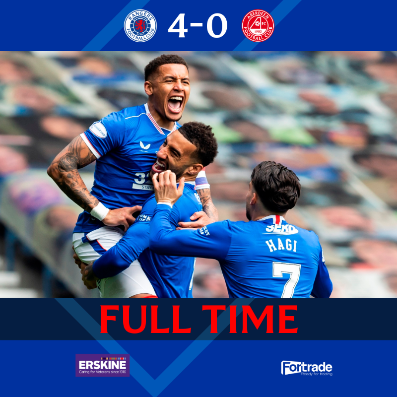 RangersFC's tweet photo. FULL-TIME: Rangers 4-0 Aberdeen

☑️ Unbeaten @spfl season
☑️ 100% Record at Ibrox
☑️ 102 Points

🏆 #Relentle55
🏆 #Champion55
