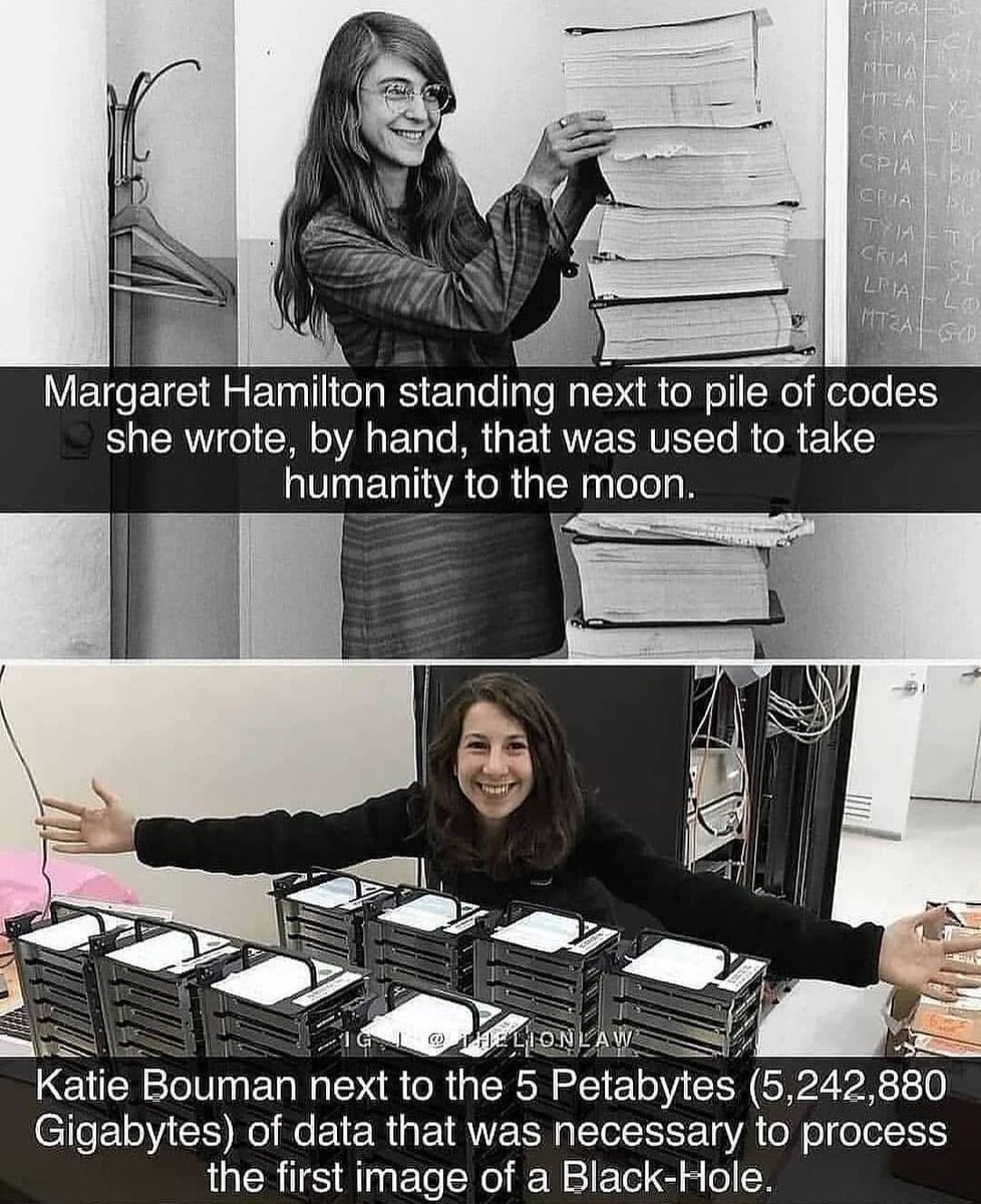 fccann's tweet photo. ▪️Margaret Hamilton, debout à côté des piles de codes écrit à la main, qui ont été utilisés pour conduire l'humanité jusqu'à la Lune.

▪️Katie Bouman, à côté des cinq pétaoctets (5 242880 gigaoctets) de données nécessaires pour traiter la première image d'un trou noir. https://t.co/pYKIuYkNea