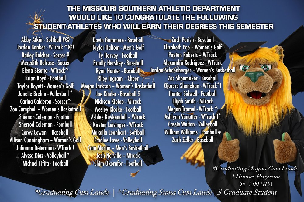 mososports's tweet photo. Congratulations to our 2021 Missouri Southern Student-Athletes that will earn their degrees today. #HardWork #LetsRoar https://t.co/5hM0TKpn6G