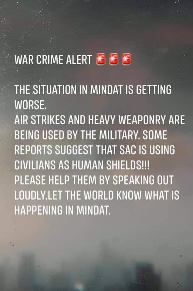 EmeraldMya31's tweet photo. War Crime Alert 🚨🚨🚨

The situation in Mindat is getting worse. Air strikes and heavy weaponry are being used by the military.Some reports suggest that SAC is using Civilians as Human Shields
Please help them by speaking out loudly.Let the world know what is happening in Mindat https://t.co/gnAestCrkw