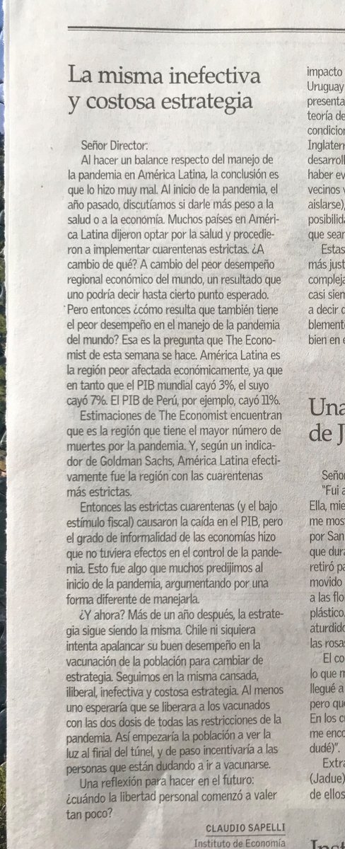 Efectivamente como sostiene Sapelli en esta carta hoy, las cuarentenas han sido un desastre. Peor aún la manera en que se h pisoteado la libertad sin que haya una mínima reacción al respecto.