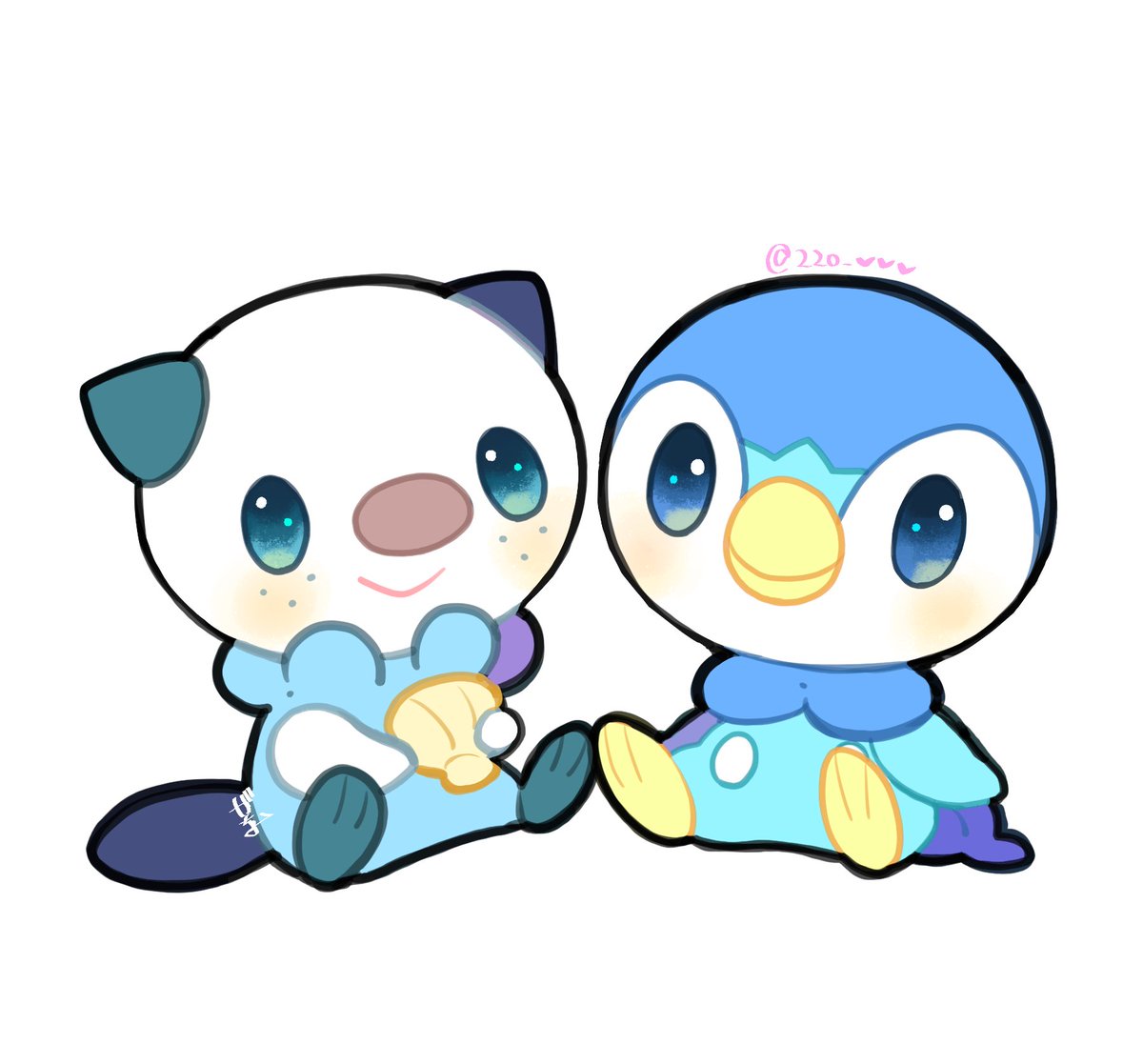 oshawott ,piplup no humans pokemon (creature) blue eyes smile sitting closed mouth white background  illustration images