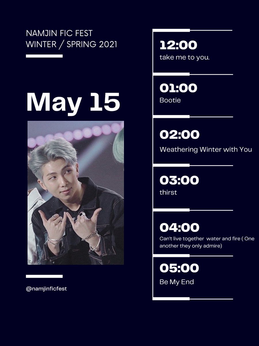 namjinficfest's tweet photo. Hello! Here is the official schedule for today, May 15, 2021. Starting at 12 PM and ending at 11 PM EST, fics will be revealed every hour: https://t.co/V7SuwtB0AH