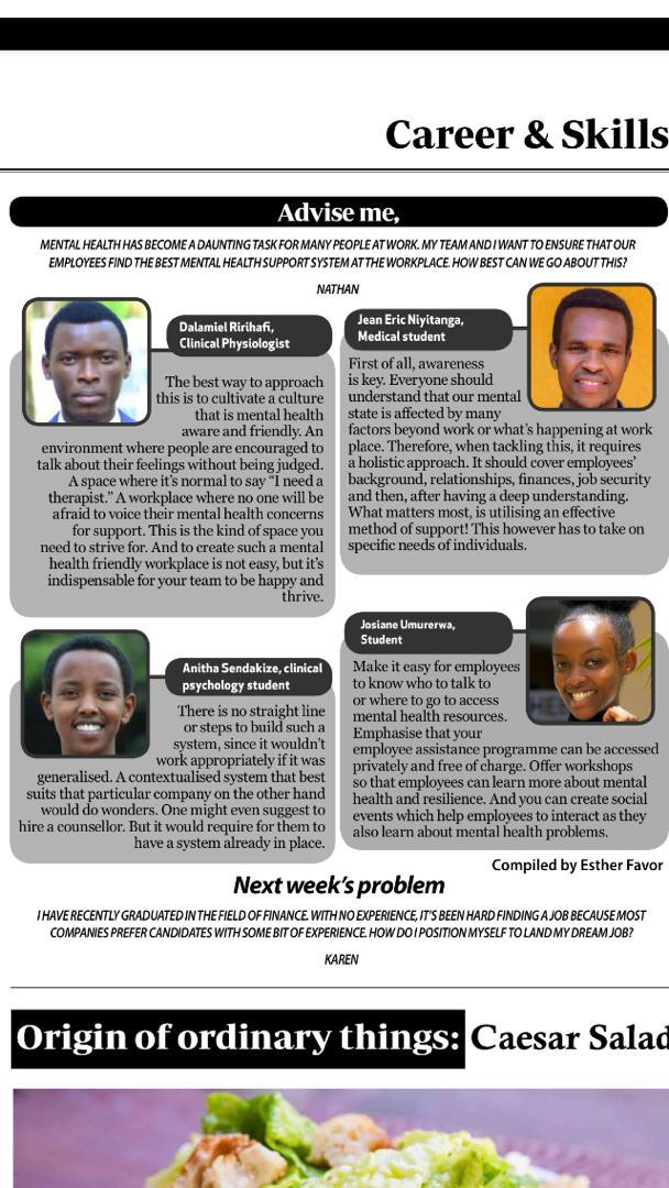 JeanEric01's tweet photo. I was privileged to share  my insights in @NewTimesRwanda  about how to build mental health friendly work place. Thanks @favouresther13, @RirihafiG , @JosianeUmurerw1 and @sendakize https://t.co/WFBUnRM3Ze