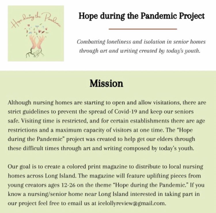 icelollyreview's tweet image. We are creating our first in print issue on the theme “Hope during the pandemic.” We are accepting positive, family-centered work from artists + writers ages 12-26! Consider donating or submitting!
Likes and retweets help us reach more ppl! 

icelollyreview.com/hope-during-th…