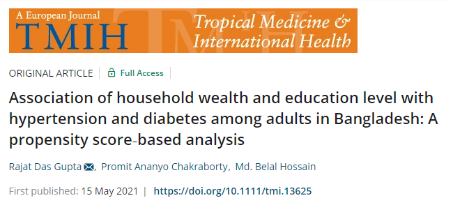 New article published online about #wealth and #education with #hypertension and #diabetes in #Bangladesh using #BDHS with @RajatDasGupta11 and @AnanyoPromit doi.org/10.1111/tmi.13…