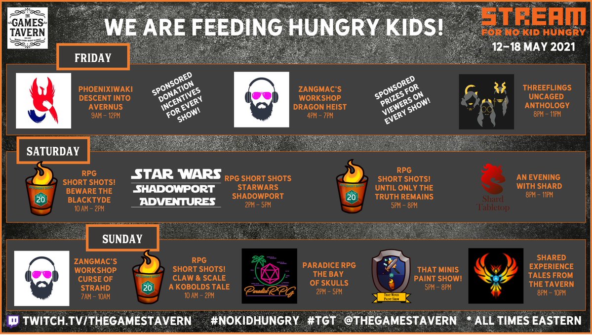 Today! 5-8PM Eastern. Our DM is streaming for charity with <a href="/thegamestavern/">TheGamesTavern™️</a> to benefit <a href="/nokidhungry/">No Kid Hungry</a>.  Schedule below! @robotcoat will be part of the "Until Only the Truth Remains" RPG Short Shot.  Check it out at twitch.tv/thegamestavern, support at  donate.tiltify.com/@thegamestaver…