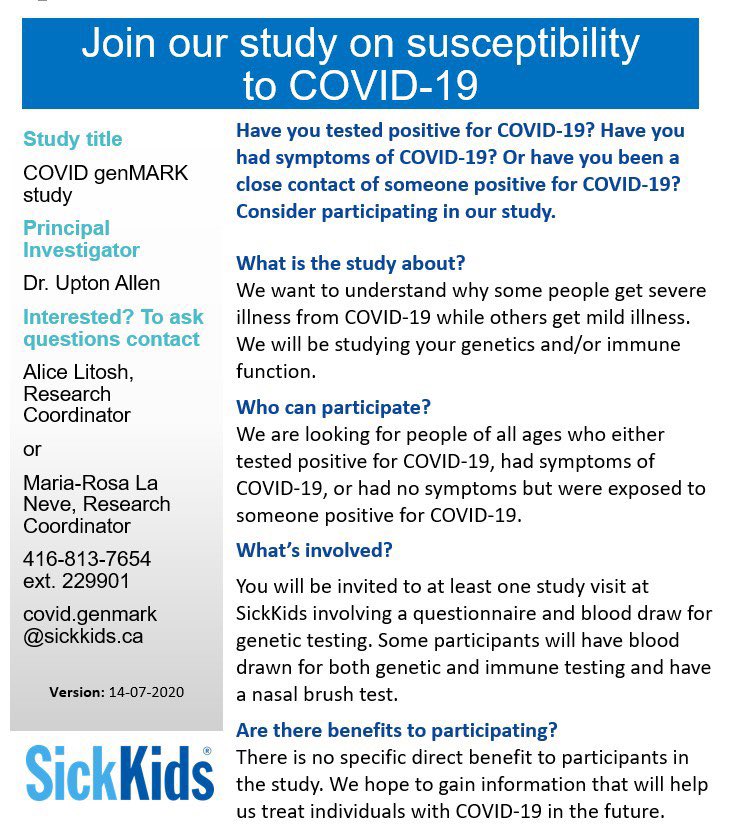 SickKidsNews's tweet image. Researchers at SickKids are looking for people of all ages who were either diagnosed with or think they may have had #COVID19 to join the #COVIDgenMARK study to understand the differences in illness severity of COVID-19. Learn more: covidgenmark.com #SKResearch