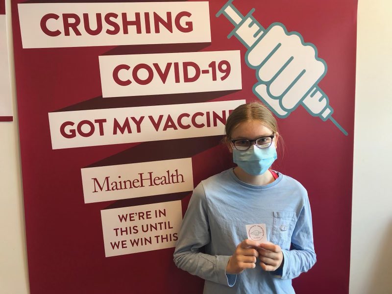 MaineAAP's tweet photo. We bet there’s a big smile under that mask from Gray, daughter of Dr. @JenniferLHayma1, after getting her #COVIDVaccine! Maine pediatricians know the #COVID vaccine is safe and effective, which is why their own kids are getting vaccinated! #ThisIsOurShot #thisistheirshot https://t.co/eMIIrW3H7p