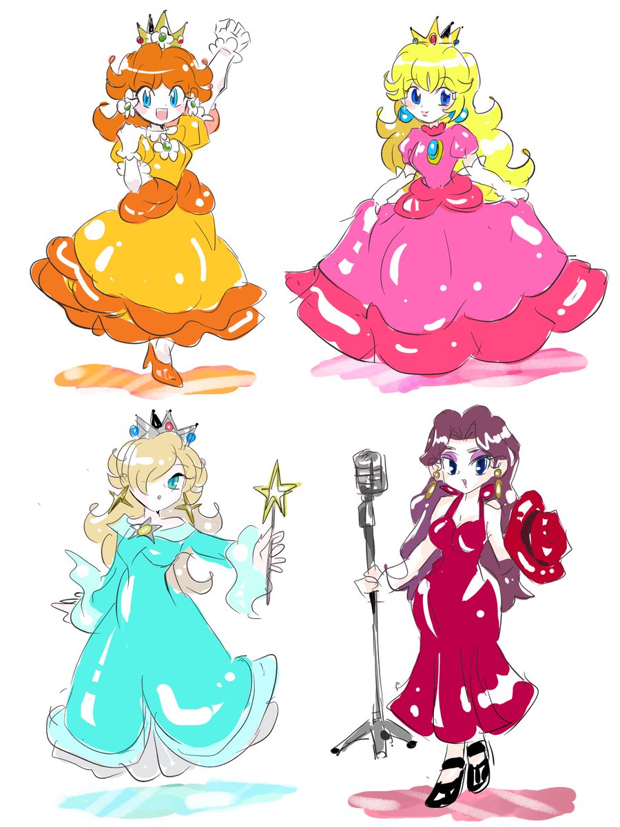 princess daisy ,princess peach ,rosalina multiple girls dress blonde hair brown hair blue eyes earrings crown  illustration images
