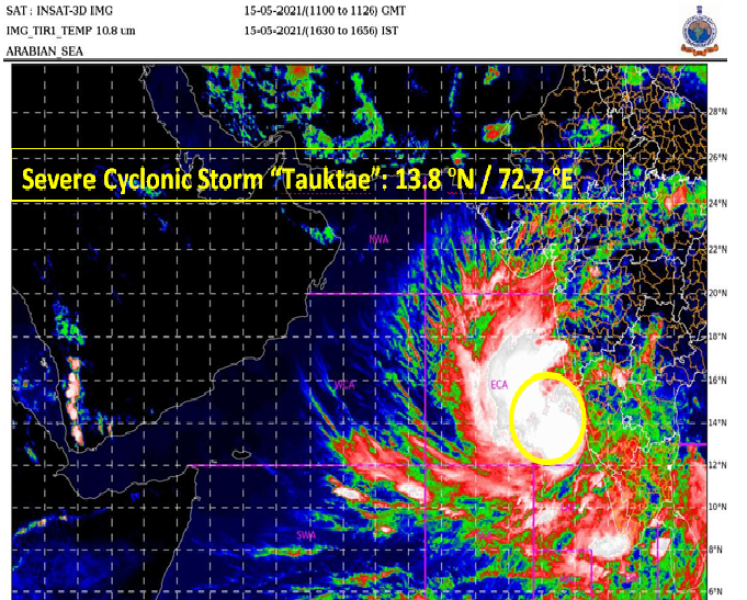 Indiametdept's tweet photo. The CS “Tauktae” intensified into a SCS, lay centred at 1730 IST of 15th May over eastcentral Arabian Sea, about 220 km SSW of Panjim-Goa, 590 km SSW of Mumbai. Likely to intensify further into a VSCS  &amp; cross Gujarat coast between Porbandar &amp; Naliya around 18th May A/N /Evening. https://t.co/1nScsezDhD
