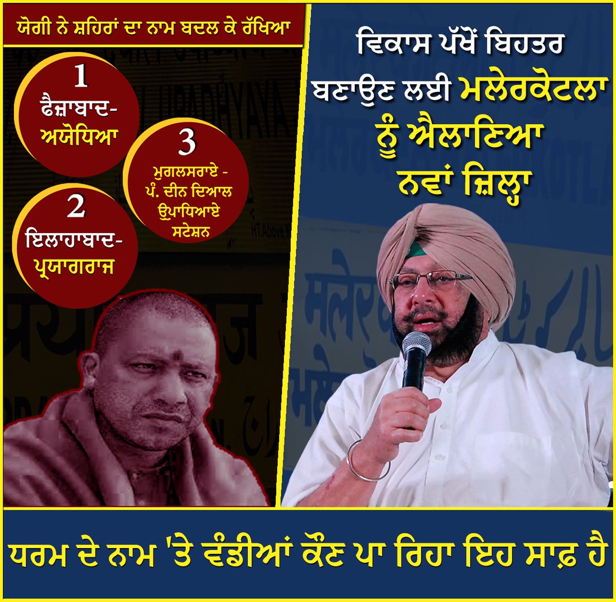 INCPunjab's tweet photo. Chief Minister @capt_amarinder Singh slammed @myogiadityanath over his inflammatory tweet on the declaration of Malerkotla as the 23rd state of Punjab, terming it an attempt to incite communal hatred in peaceful Punjab as part of the @BJP4India's divisive policies. https://t.co/vBqzsSmdej
