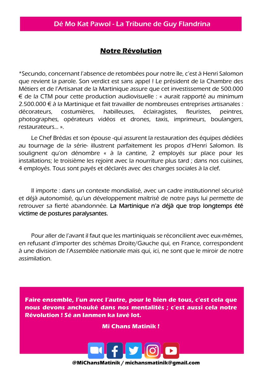 MiChansMatinik's tweet photo. Retrouvez cher.e.s ami.e.s la Tribune de Guy Flandrina qui paraît tous les Jeudis 💪🏾✊🏾👊🏾👍🏾 
Cette troisième édition revient sur le débat autour de la série #TropiquesCriminels sur le thème : Postures et impostures
#michansmatinik #douvandouvan https://t.co/sk3JdaonlS
