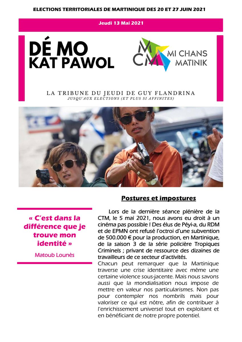 MiChansMatinik's tweet photo. Retrouvez cher.e.s ami.e.s la Tribune de Guy Flandrina qui paraît tous les Jeudis 💪🏾✊🏾👊🏾👍🏾 
Cette troisième édition revient sur le débat autour de la série #TropiquesCriminels sur le thème : Postures et impostures
#michansmatinik #douvandouvan https://t.co/sk3JdaonlS