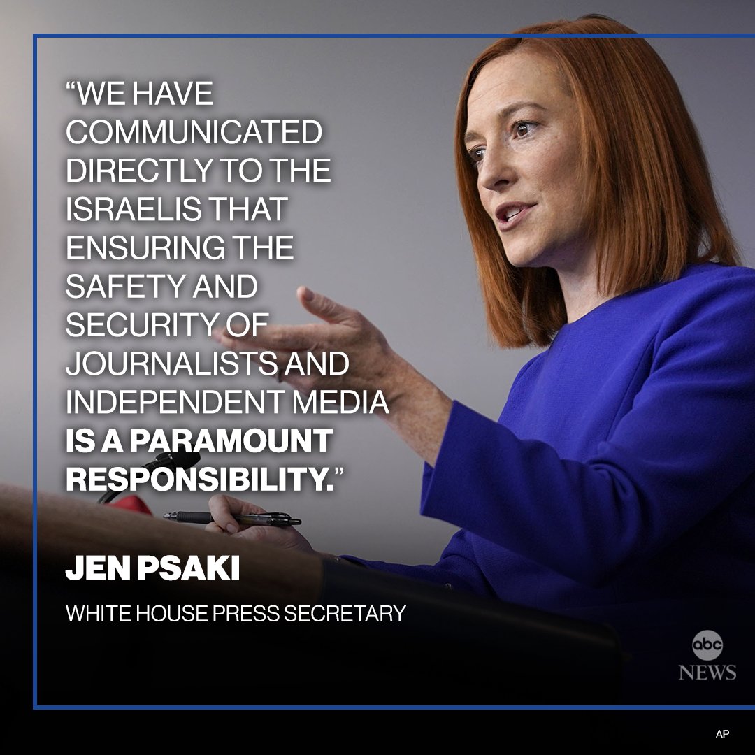 NEW: White House Press Sec. Jen Psaki on airstrikes: "We have communicated directly to the Israelis that ensuring the safety and security of journalists and independent media is a paramount responsibility." abcn.ws/3bvzEl1