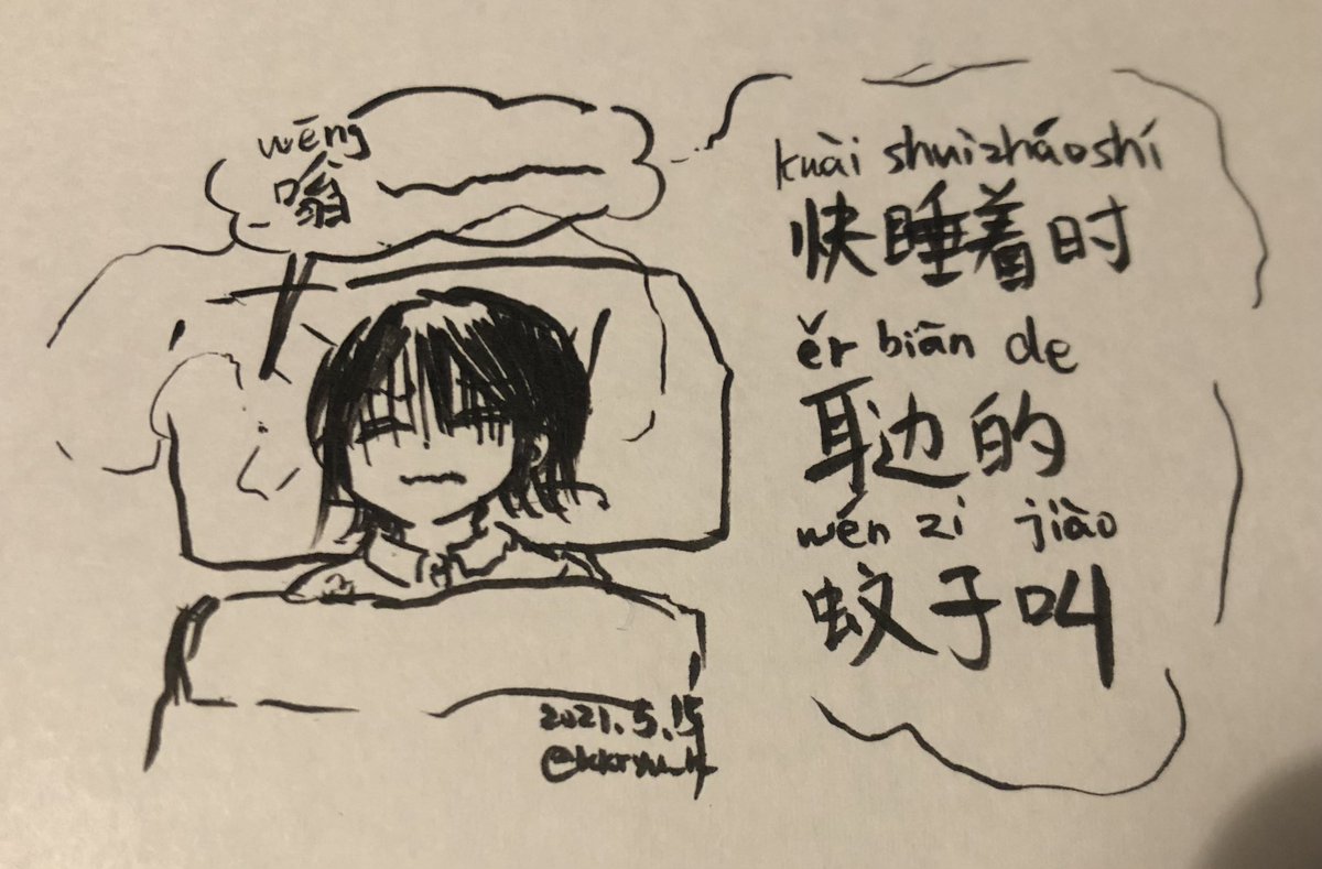 #ガチで嫌いなもの5選
5つも思いつかないけど、これだけはほぼ毎回イラッとくる…
なので #今日のひとこと中国語イラスト はこちら!
「眠りに落ちる寸前の蚊の音」
ちなみに蚊の音の擬音詞、日本語ではプーンだけど、中国語では「嗡~~」(weng)ですね。🤔
#中国語勉強 #教えて劉老師 Day035