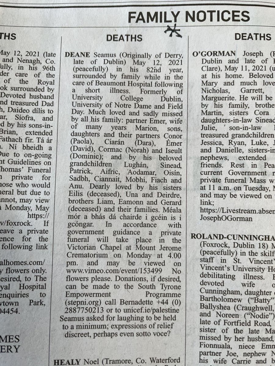 ‘Seamus asked for laughing to be held to a minimum...’