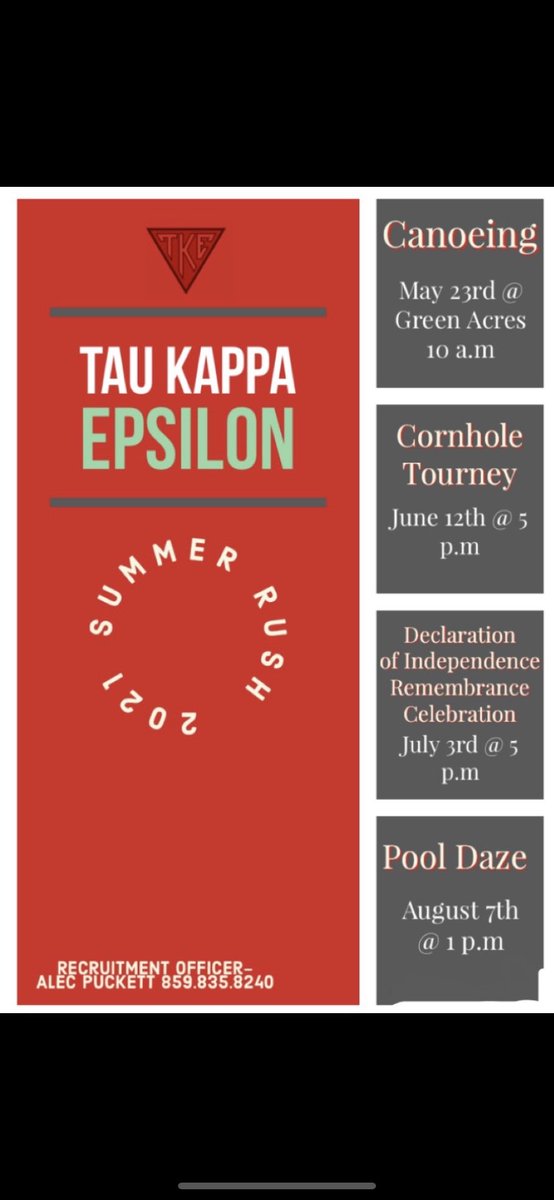 Now that the semester is over, go get vaccinated if you haven’t already and join us at our 2021 Summer Rush Events. For locations or any more details, feel free to DM us or contact the number on the flyer. 

All events will follow CDC and Kentucky Social Distancing policies.