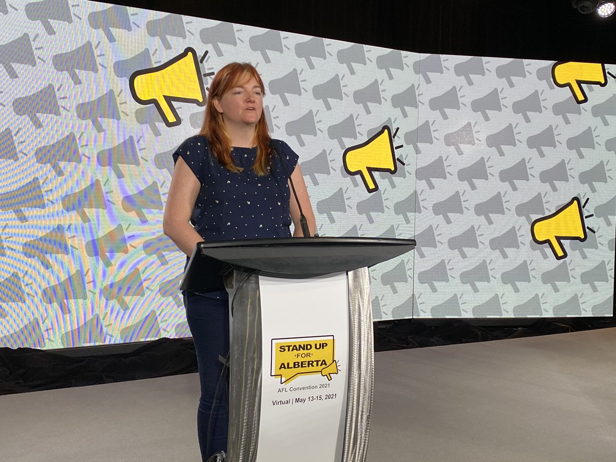 ABFedLabour's tweet photo. Day 2 of #AFLConvention2021 @siobhanvipond gives her last AFL Secretary Treasurer's report - Thank you Siobhan for your years of service! #StandupforAlberta https://t.co/SVV01t3bQ3