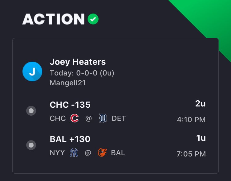 averagejo2021's tweet photo. Check out my Action picks for today! https://t.co/mCk19rGkrk

Two plays for right now. Might look to add later. Hoping a couple numbers move in the direction we want. Love the cubs today at -135, that’s a 2u play for us today.  #freepicks #twittergambling #winners #sportsbiz https://t.co/WiJN0WfeZW