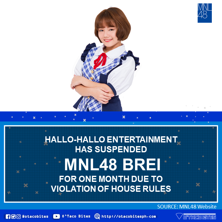 otacobitesph's tweet photo. JUST IN:
Hallo-Hallo Entertainment has suspended MNL48 Brei for one month due to her violation of House Rules.

Source: https://t.co/kGMh3MBJdA https://t.co/vPbqupwddX