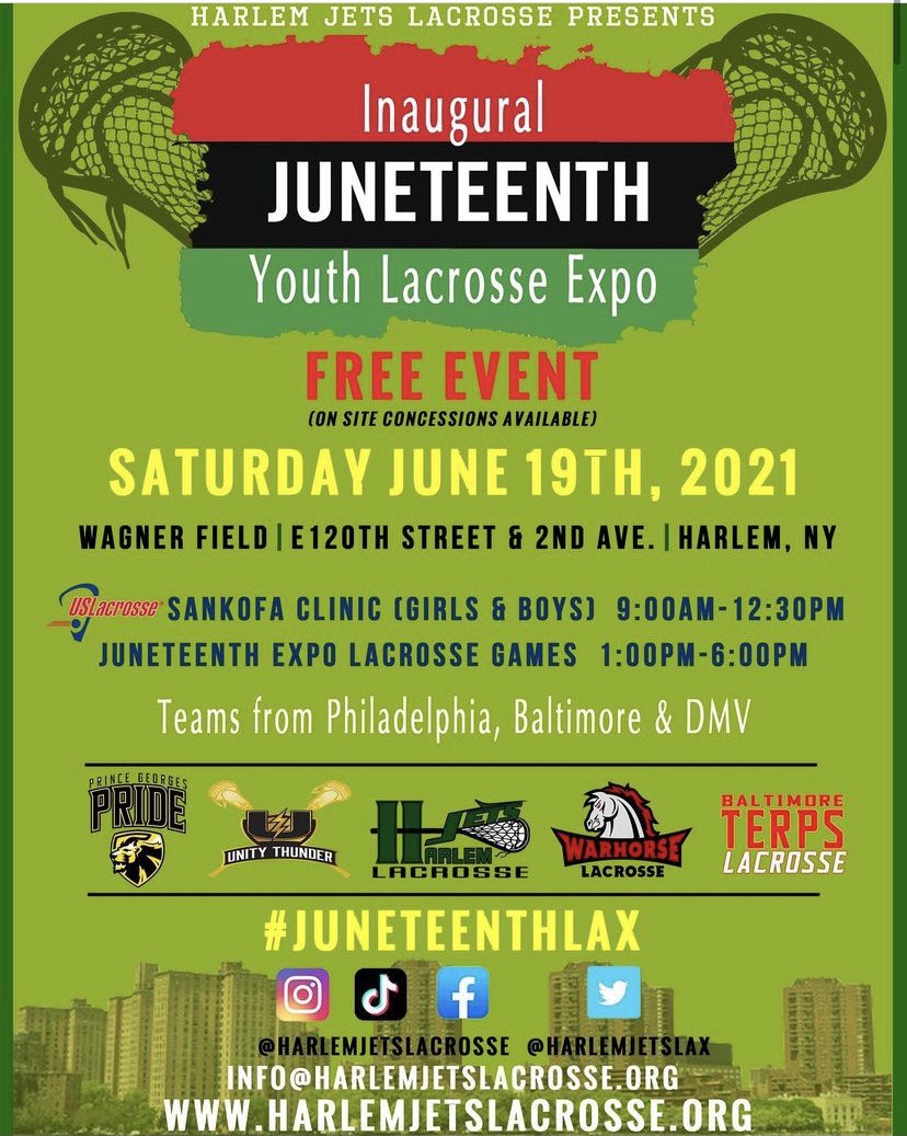 officiallaxgirl's tweet photo. @HarlemJetsLax and @USALacrosse_ have come together to host a free clinic for girls and boys ages 5 - 18 in Harlem on June 19th, a historical day for our nation! Excited to be part of the coaching staff, still time to register here🥍☀️: https://t.co/5VVsbjUXtz https://t.co/ukctMT67B4