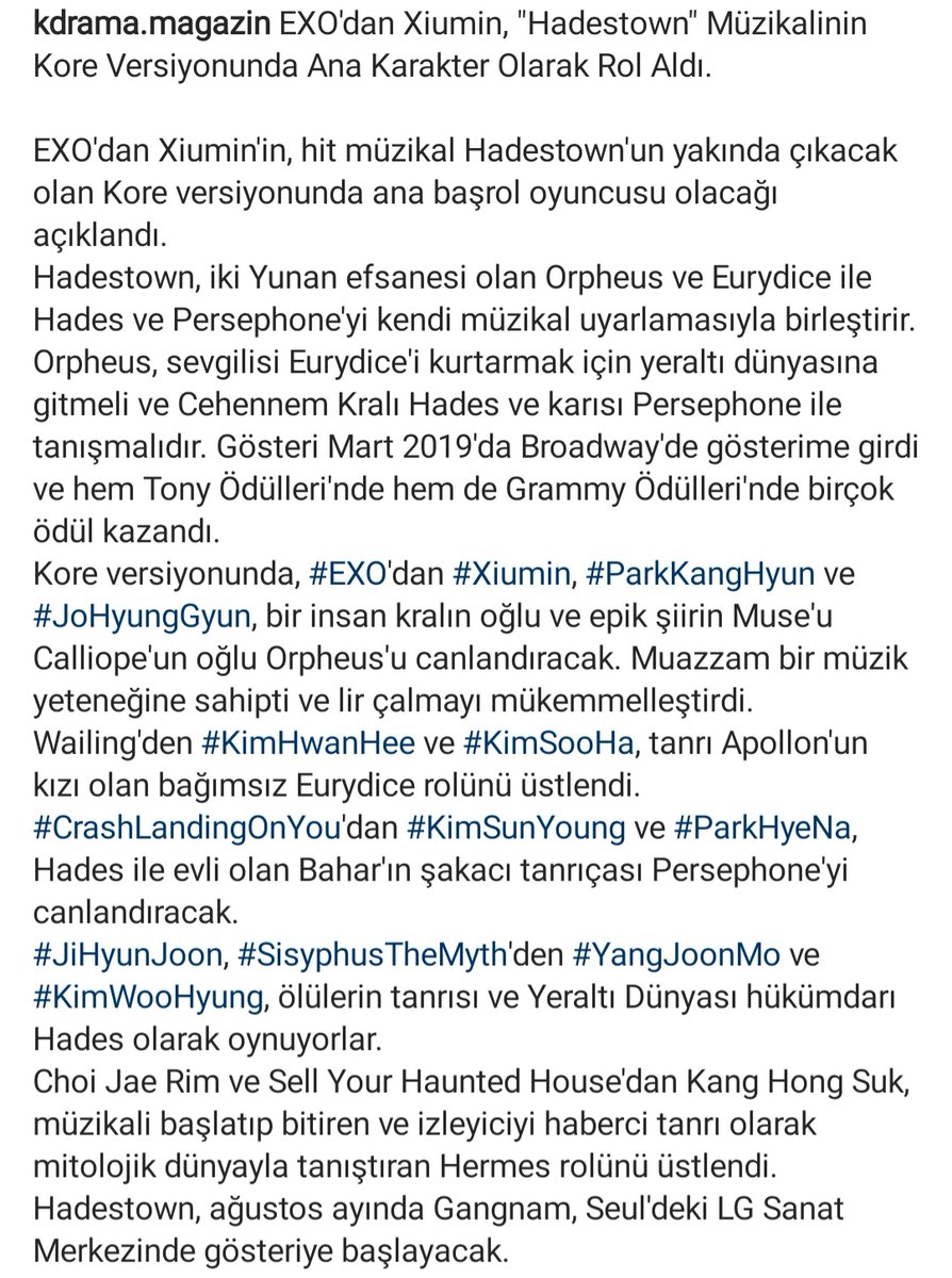 kdrama_magazin's tweet photo. EXO'dan Xiumin, "#Hadestown" Müzikalinin Kore Versiyonunda Ana Karakter Olarak Rol Aldı.
#EXO #Xiumin #ParkKangHyun #JoHyungGyun #KimHwanHee #KimSooHa #CrashLandingOnYou #KimSunYoung #ParkHyeNa #JiHyunJoon #SisyphusTheMyth #YangJoonMo #KimWooHyung https://t.co/E26aJ22h3C