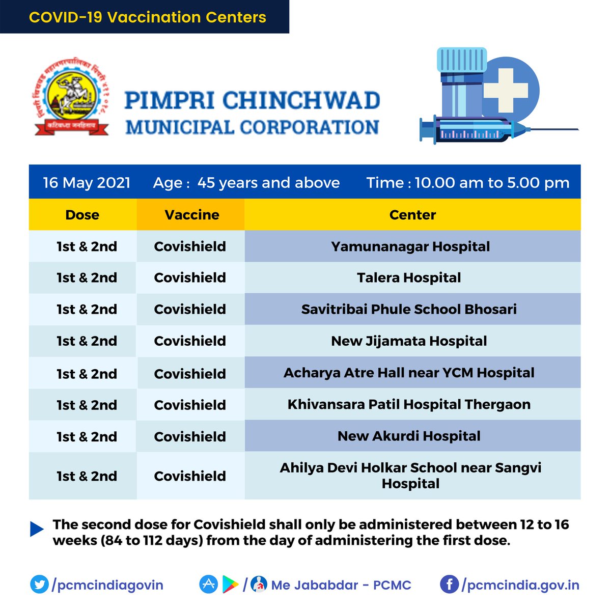 Date- 16 May 2021 #Covid19Vaccination schedule

#PCMCSmartSarathi #LargestVaccineDrive #PCMCFightsCorona