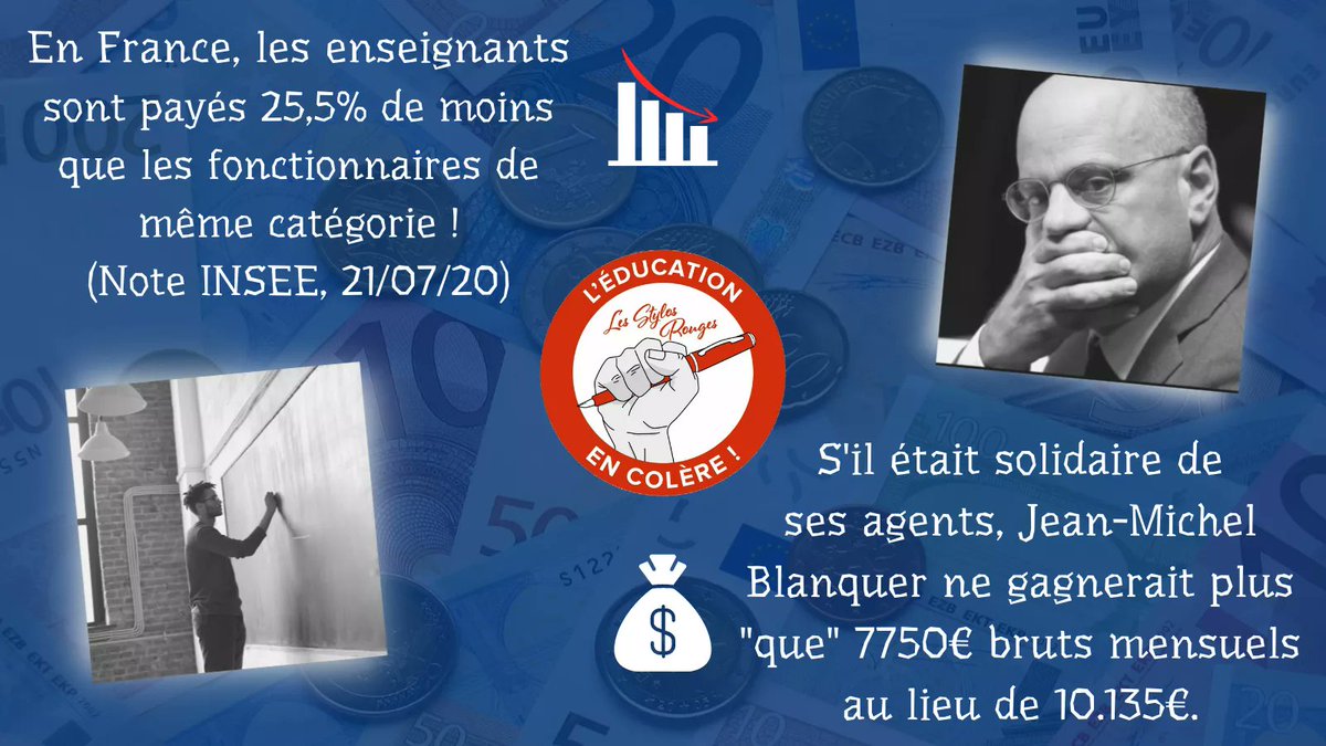 stylos_les's tweet photo. 🇫🇷 En France, les enseignants sont payés 25,5% de moins📉💸 que les fonctionnaires de même rang, notamment des autres ministères.

⚠️S'il était solidaire de ses agents, @jmblanquer devrait rendre 2385€ bruts par mois par rapport à ses collègues ministres.💰
#SalaireMoyensRespect https://t.co/NVqgE9N5Bk