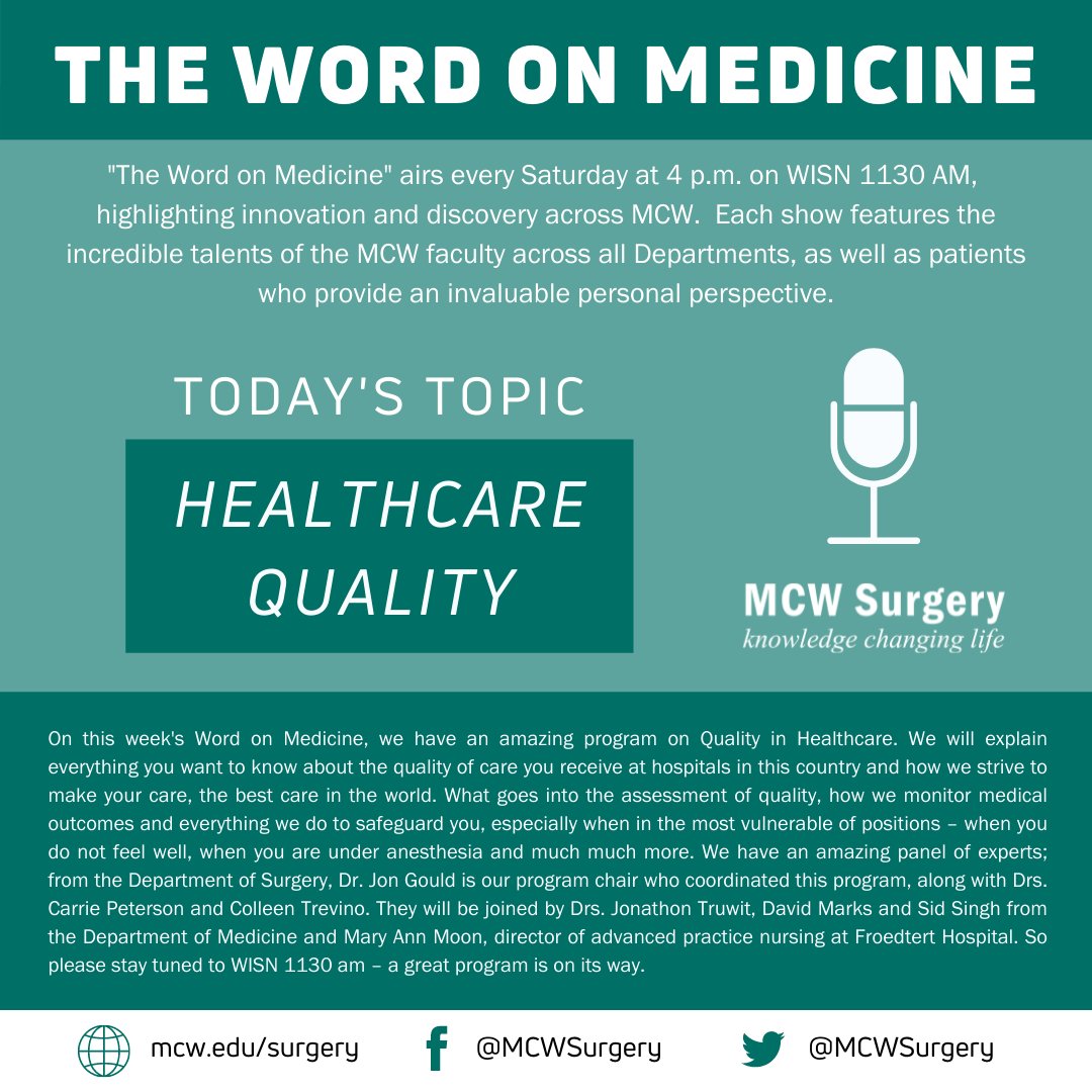 The #WordOnMedicine airs today at 4PM on @newstalk1130 & will discuss #HealthcareQuality! Listen live here: t.ly/UPWW All #WOM episodes: t.ly/KI62 #LeadingTheWay @Froedtert @MedicalCollege @MCW_Kern @MCWPubHealth @MCWtraumaacs @MCWMIGS @joncgould